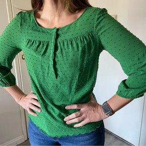 Anthropologie Maeve Green Top w/ dots and scalloped edge